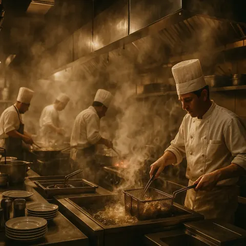 Bustling Restaurant Kitchen with Chefs Working