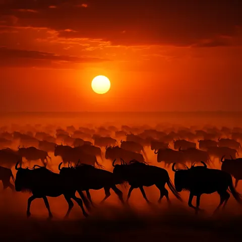Vast Formation of Silhouetted Wildebeest Thunders Across an Expansive