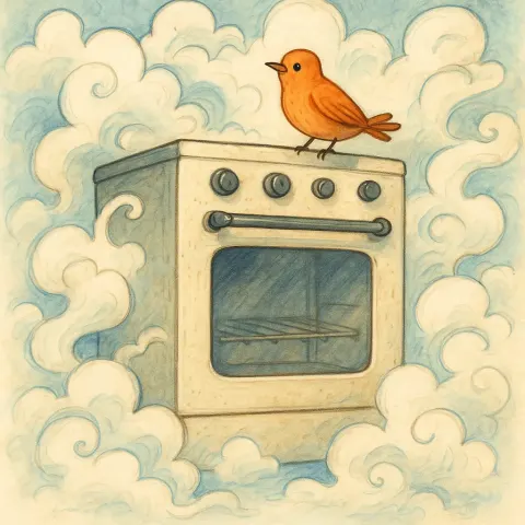 Imaginative Drawing Featuring an Oven Enveloped by Delicate Clouds