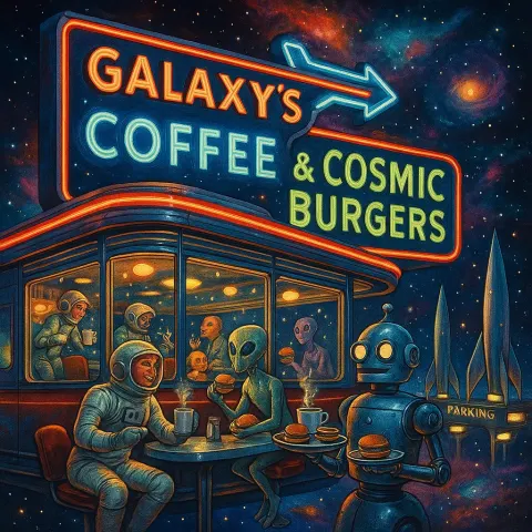 Vintage-style Billboard Depicts a Lively Diner from the 1950s Floating