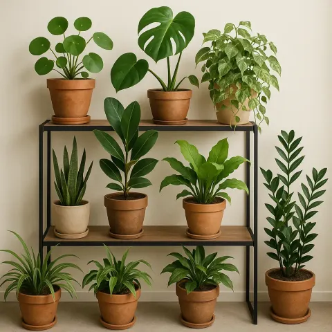 Collection of Various Potted Indoor Plants Arranged on a Shelving