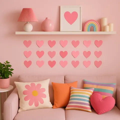 Pink-themed Room with Heart-shaped Sticky Notes on the Wall