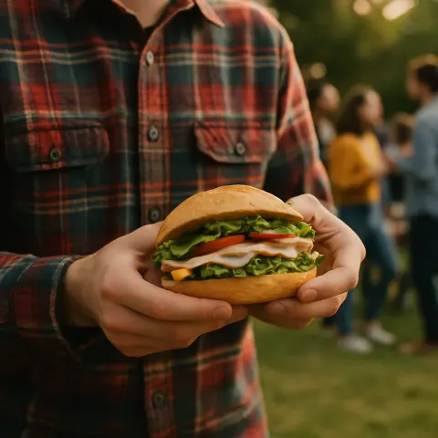 Person in a Plaid Shirt Holding a Sandwich