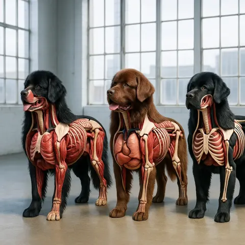 Three Varied Newfoundlands in Cross-sectioned Exploded Views