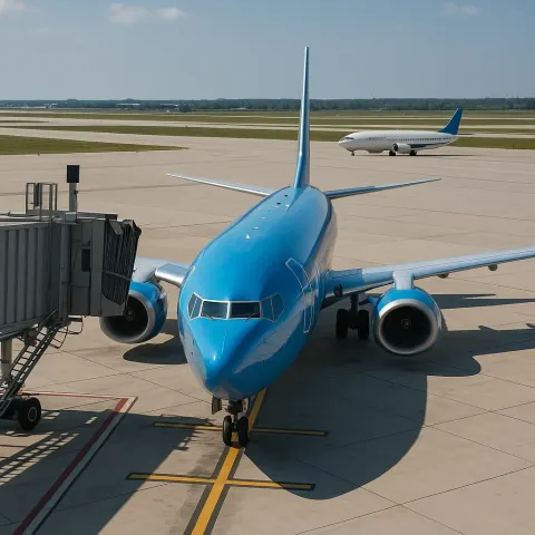 Parked Blue Airplane Connected to a Jet Bridge