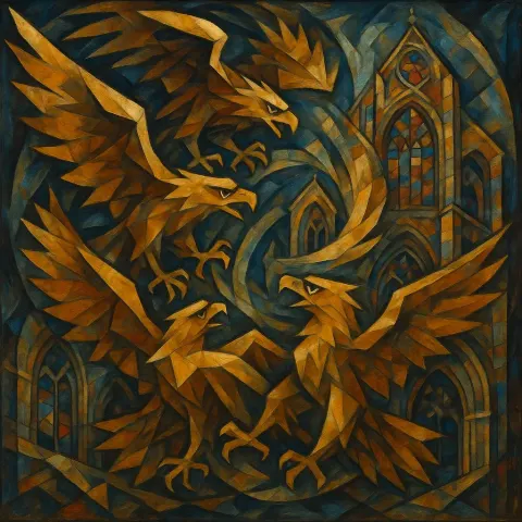 Abstract Cubist Artwork Depicts a Tumultuous Scene Where Angular Eagle