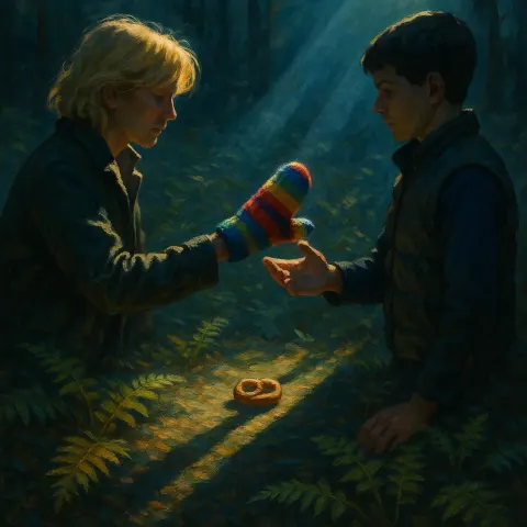 Blonde-haired Figure in a Jacket Offers a Vibrant Multi-colored Mitten