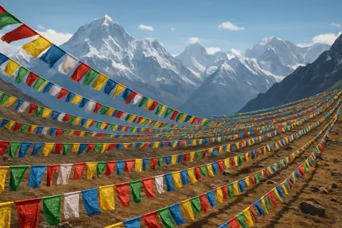 Countless Colorful Prayer Flags Stretch in Long Lines