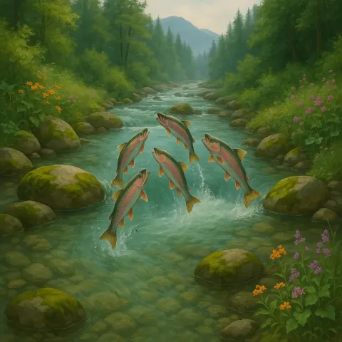Tranquil Mountain Stream Flows Gently