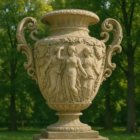Ornate Stone Vase with Intricate Sculpted Figures and Decorative Handles