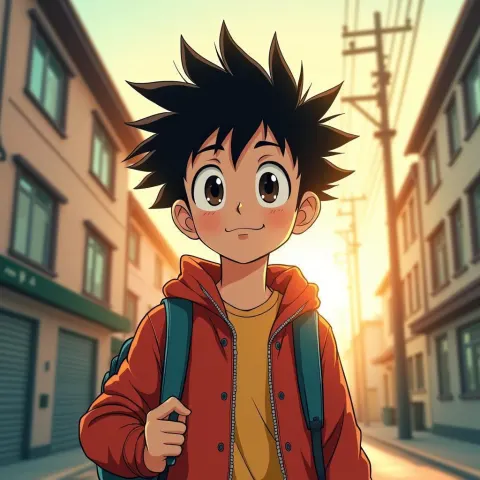 Spiky Haired Boy Strolls to School in Manga