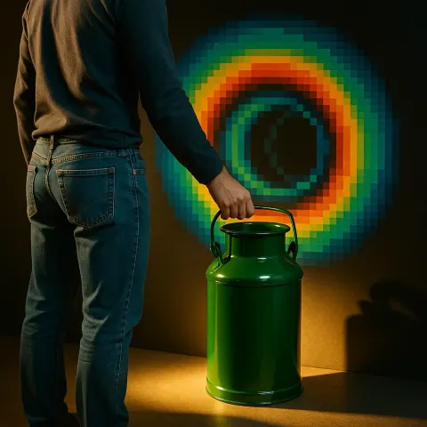 Person in Jeans Thoughtfully Positions a Forest Green Milk Can