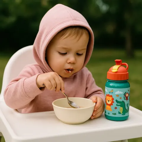 Child Wearing a Pink Hoodie Sits in a High Chair