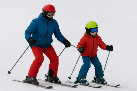 Adult and a Child in Winter Gear Skiing