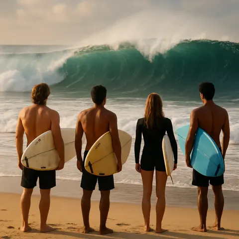 Cluster of Surfers Gathered on the Shore