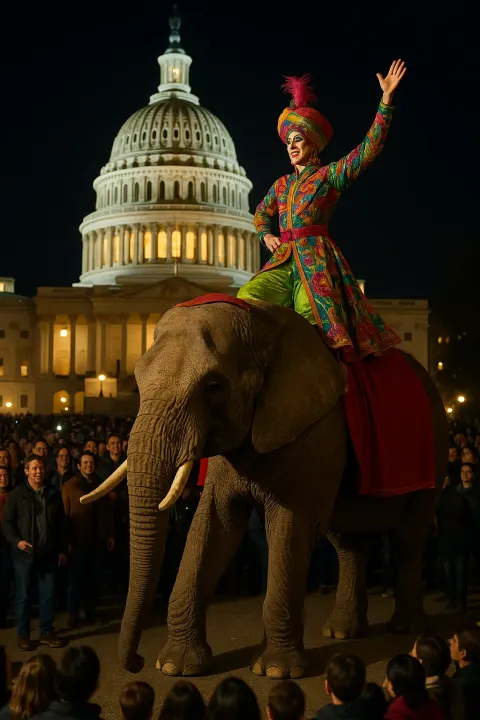 Performer Dressed in Vibrant Attire Rides an Elephant