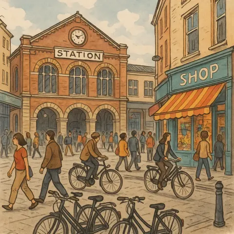 Bustling Street Scene Featuring a Historic Train Station