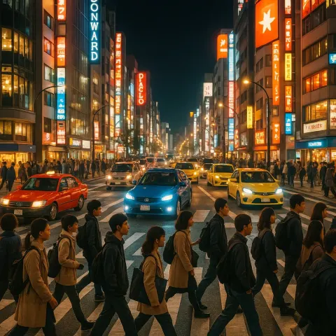 Lively Urban Road Featuring People Walking Across and Vibrant Vehicles