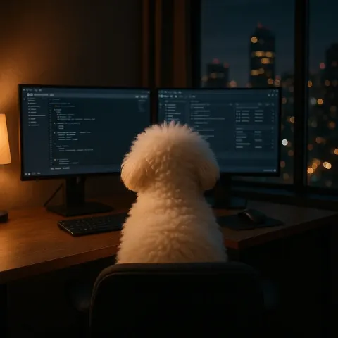 Fluffy White Dog Sits on a Chair at a Dimly
