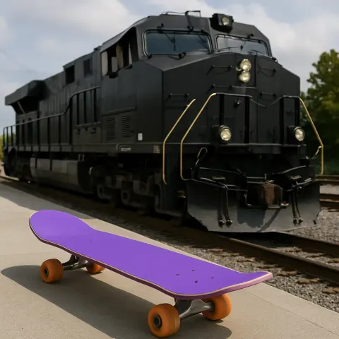 Contemporary Black Locomotive Alongside a Purple Skateboard