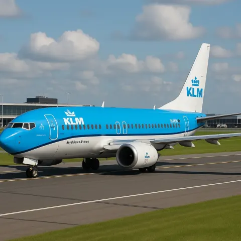 Blue KLM Passenger Airplane Taxiing on an Airport Runway