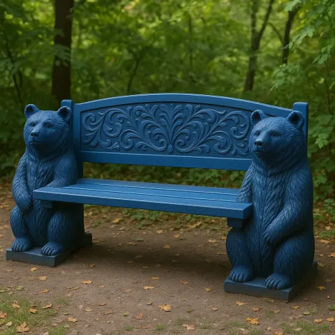 Blue Bench Featuring Bear Sculptures as its Supports