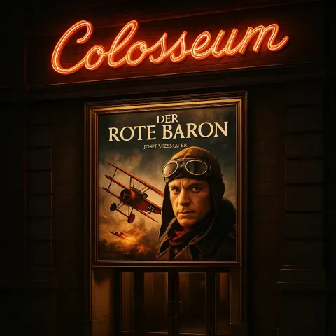 Cinema Entrance with "Colosseum" Written in Cursive Neon Letters