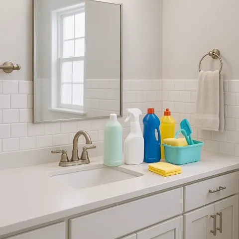 Spacious Bathroom Vanity Showcasing an Organized Display of Cleaning Products