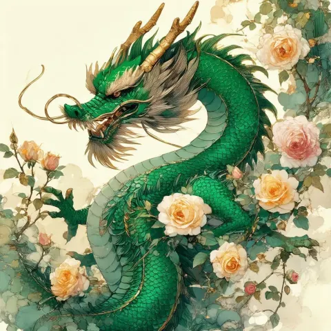 Green Dragon Entwined With Rosebuds in Editorial Linework
