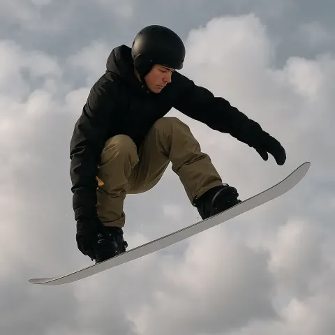 Person Wearing a Helmet Performs an Airborne Snowboard Trick