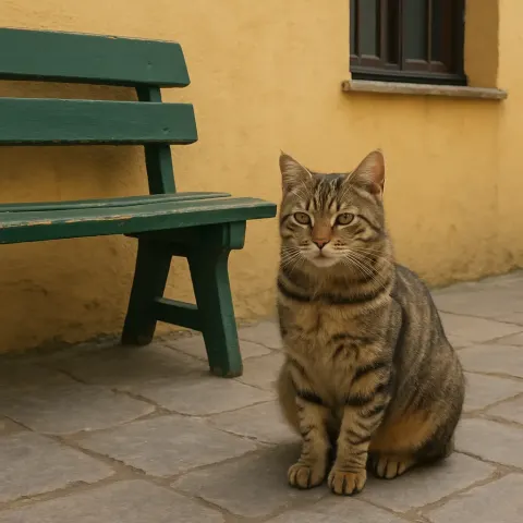 Tabby Cat Sitting on a Stone Pavement
