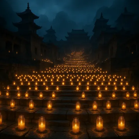 Countless Glowing Prayer Candles Illuminate the Stone Steps