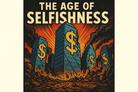 Vibrant Cover Depicting Skyscrapers with Dollar Signs and Destruction