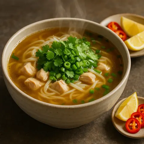 Steaming Pho Bowl Sits on a Rustic Stone Tabletop