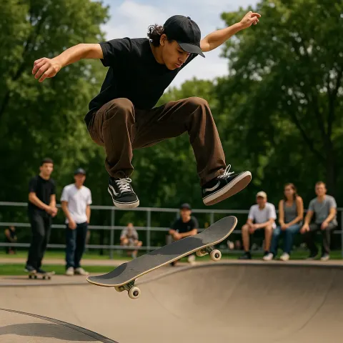Skateboarder Performs a Mid-air Trick at a Skate Park