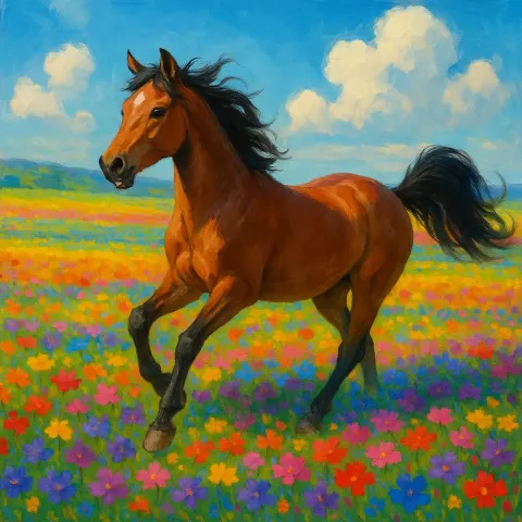 Horse Joyfully Prances Through a Meadow