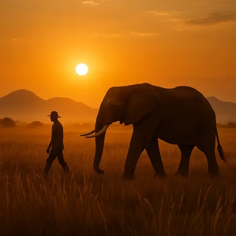 Tranquil Scene Depicting an Individual Strolling Beside a Magnificent Elephant