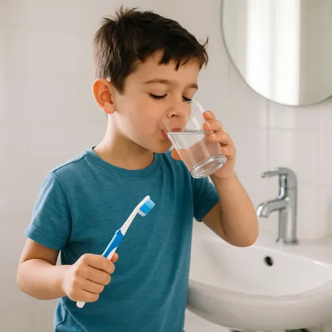 Brightly Illuminated Bathroom Where a Young Boy Is Rinsing