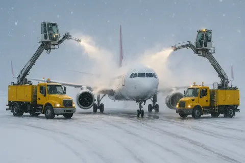 Two Deicing Trucks Spray a Passenger Airplane During Snowy Weather