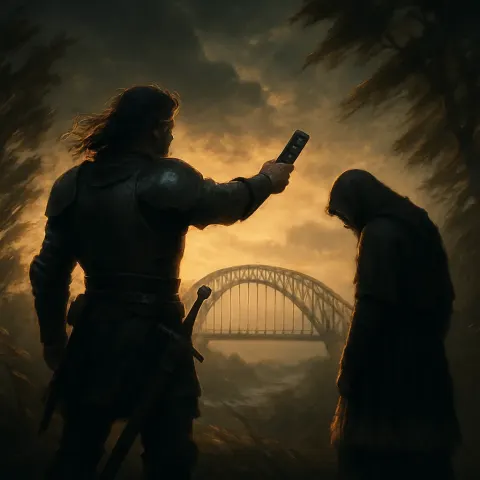 Warrior Extends an Anachronistic Remote Towards a Distant Steel Arch