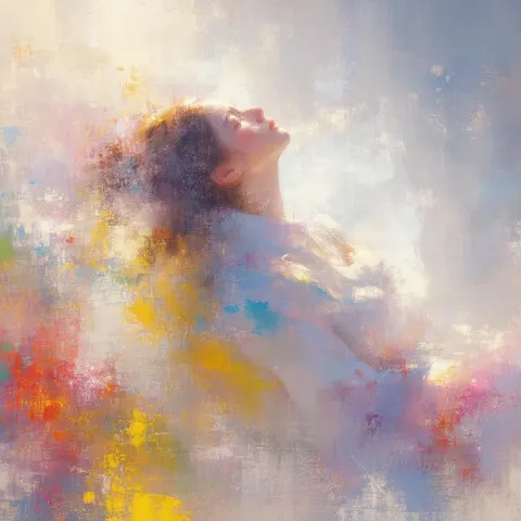 Serene Impressionist Portrait Amid Dappled Chaos