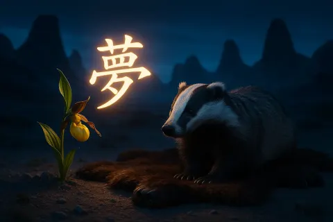 Badger and Yellow Lady's Slipper on a Bearskin
