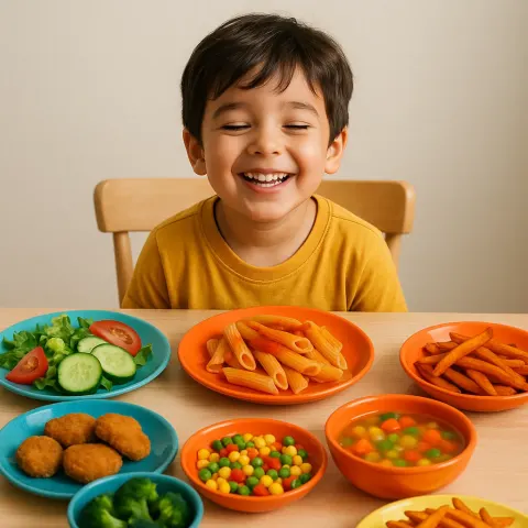 Happy Young Boy Sits at a Table