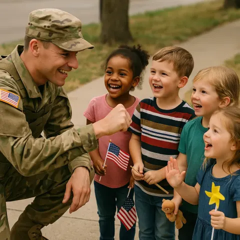 Soldier in Uniform Crouches Down to Interact with a Lively
