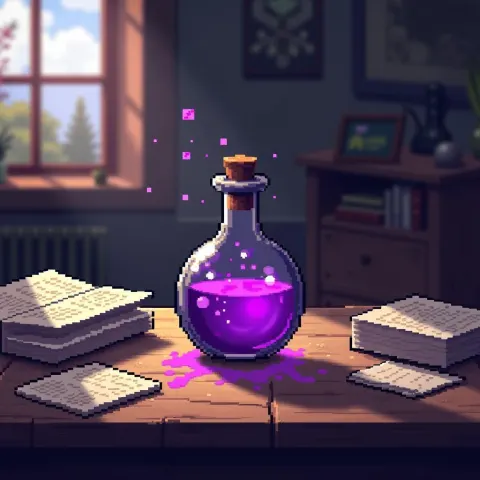 Pixel Purple Potion Glowing on a Cluttered Desk