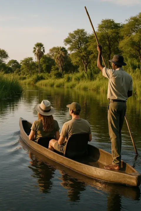Two People Sitting in a Canoe Guided by a Local
