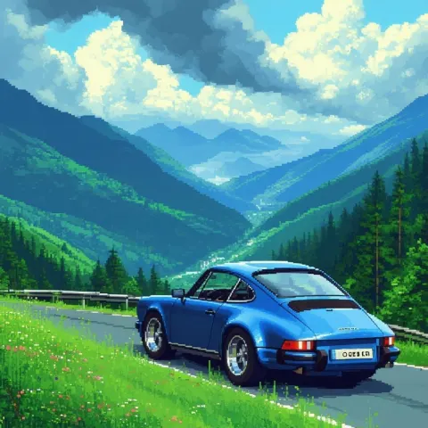 Blue 1977 Porsche 911 Rounds a Pixel Mountain