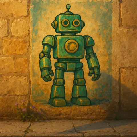 Vibrant Mural Depicting a Robot in Green and Gold Hues