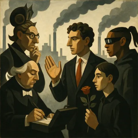 Five Figures Engage in a Focused Discussion Before Gritty Factories