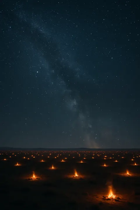 Innumerable Distant Campfires Dot a Sprawling Dark Plain